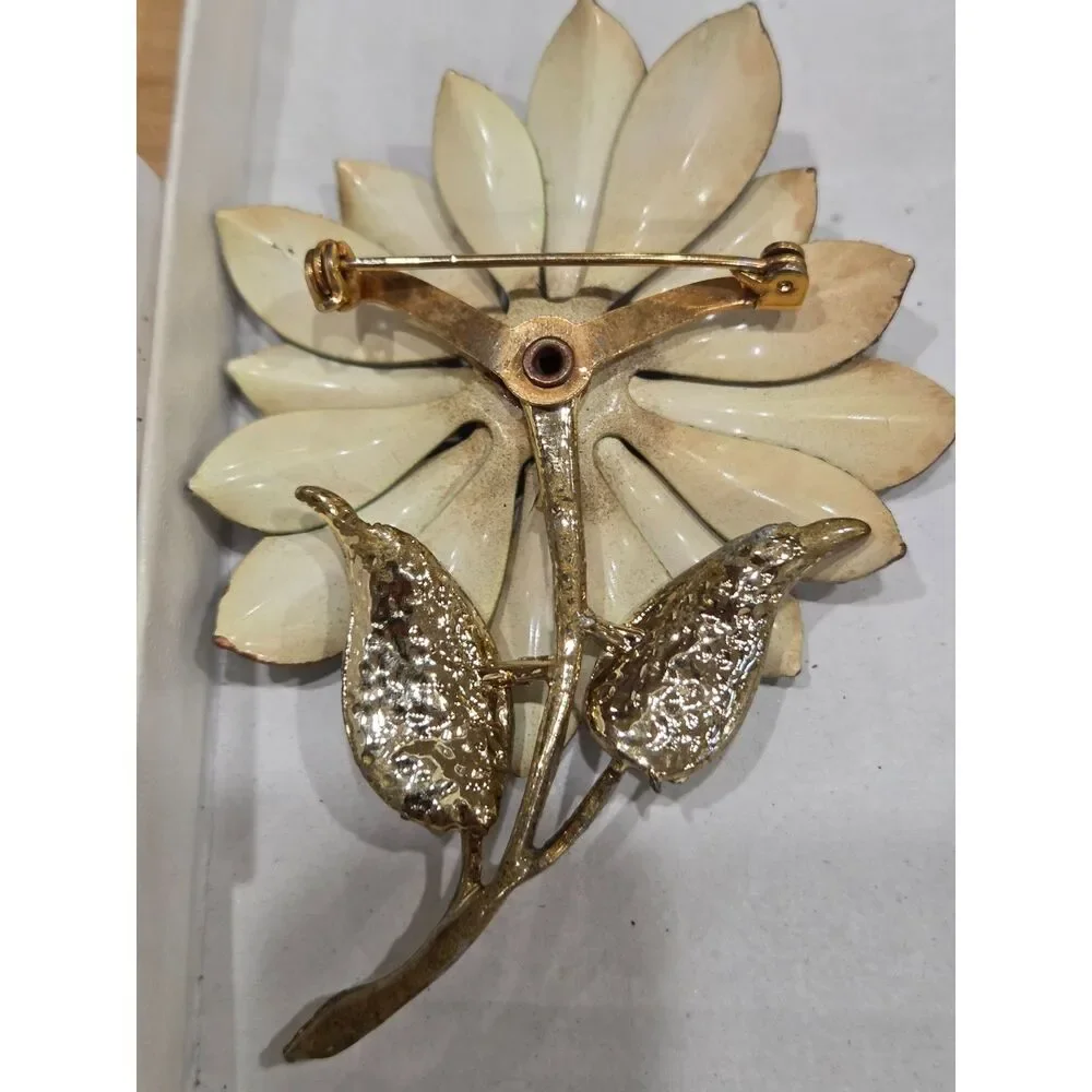 Vintage Green Enamel Daisy Flower Brooch Clip Earrings Amber Rhinestone 60s